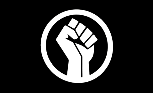 White icon of clenched fist with circle isolated on black background illustrating that Healing Path Therapy is committed to inclusivity and providing a welcoming environment for our staff, associates, and clients, where diversity is appreciated, valued, and welcomed. This includes individuals of all faiths, cultures, abilities, sexual orientations, and gender identities.